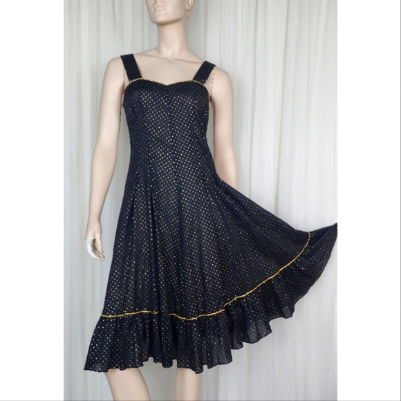 Julie Miller Dresses & Skirts - Vintage 70s Julie Miller black gold polka-dot prairie circle skirt sundress M